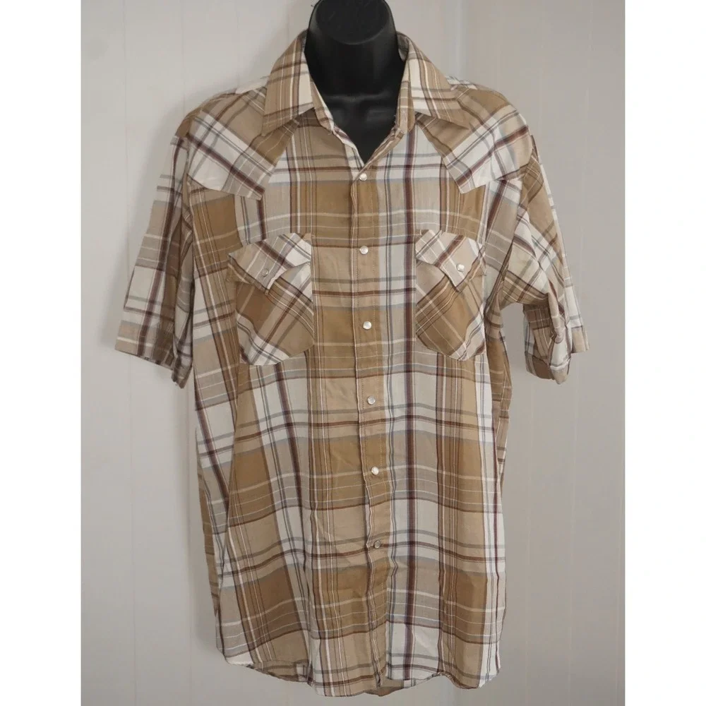 Plains Medium Tan Plaid Short Sleeve Western Pearl Snap Shirt